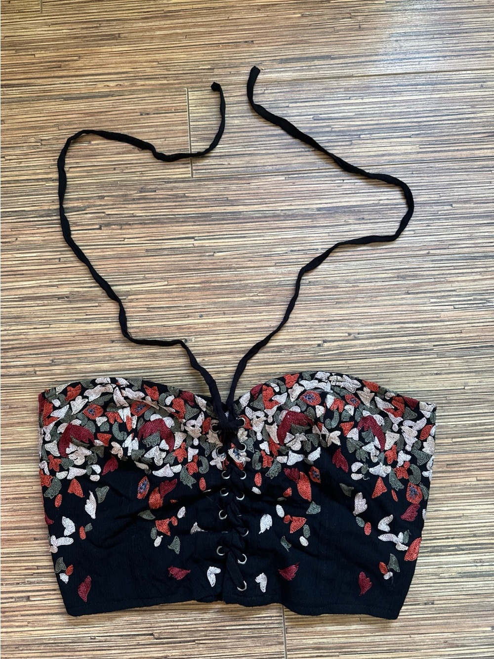 Free People Xsmall Black Floral Embroidered Lace-Up Strapless Crop Top Bustier